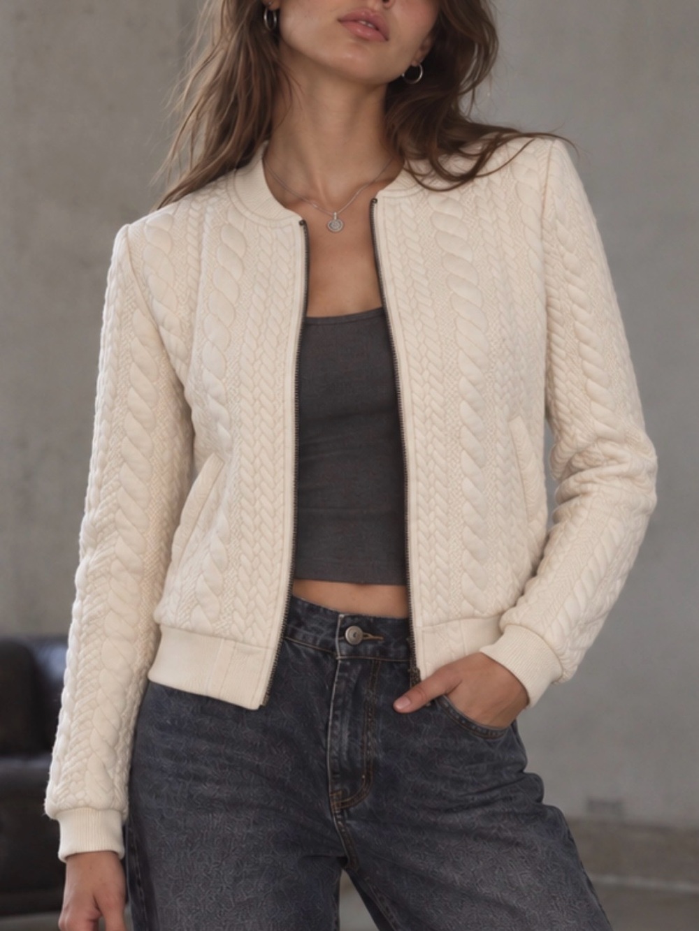Cropped Ivory Cable knit sweater Jacket Sz S Preppy academia zip front Old Money